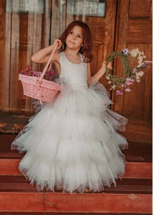 Lace Ruffled Tulle Cross Back Flower Girl Dress With Cape